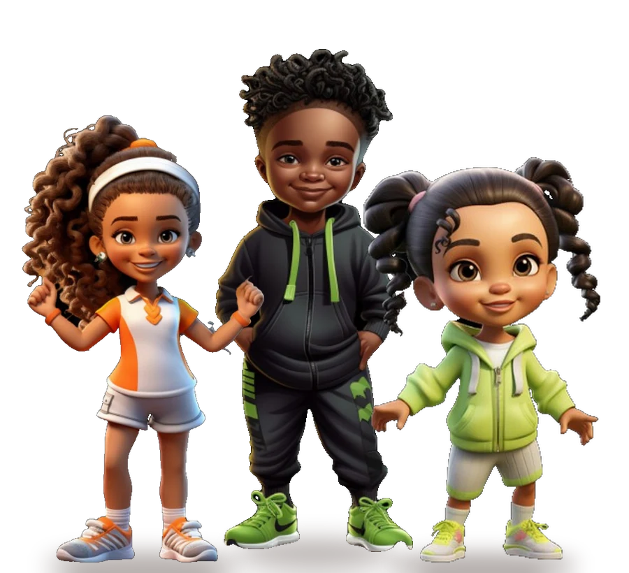 Four smiling Brown Babies Puzzles kids standing together, including a friend in a wheelchair